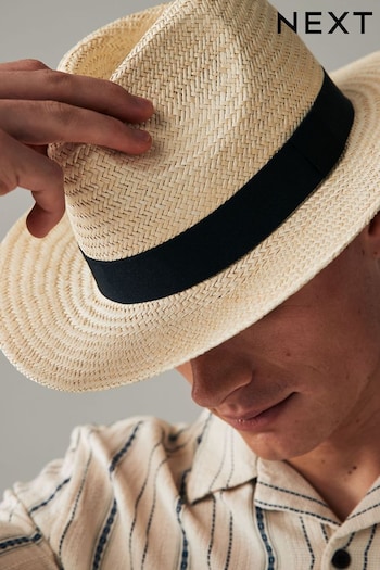 White Straw Panama with Navy Blue Band Hat (737772) | £22