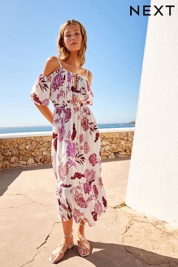 Cream/Pink Floral Off Shoulder Strappy Summer Dress (739003) | £45