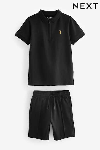 Black Zip Neck Polo Shirt And Shorts Set (3-16yrs) (739020) | £13 - £21