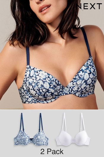 Blue Ditsy Floral Print/White Light Pad Plunge Smoothing T-Shirt pony Bras 2 Pack (739539) | £24