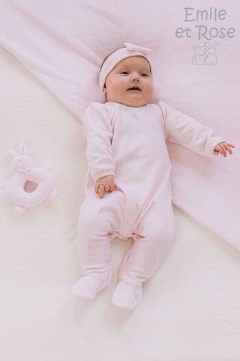 Emile Et Rose Pink Velour All-In-One With Pink Rosebud Embroidery, Lace & Hairband (740203) | £39