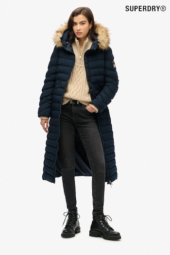 Superdry Eclipse Navy Fuji Faux Fur Hooded Longline Coats (740573) | £120