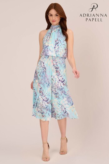 Adrianna Papell Blue Watercolor Floral Midi Dress (741375) | £159