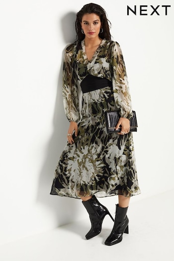 Ecru Floral Print Long Sleeve Sheer Layer Midi Dress (741942) | £66