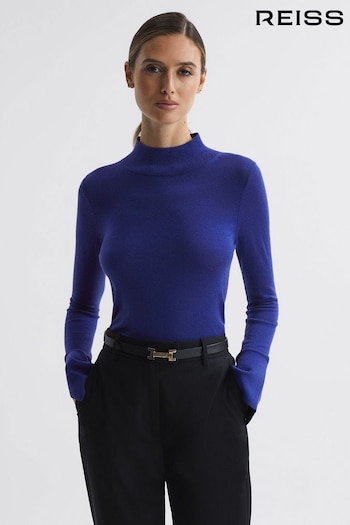 Reiss Blue Kylie Merino Wool Fitted Funnel Neck Top (743012) | £38