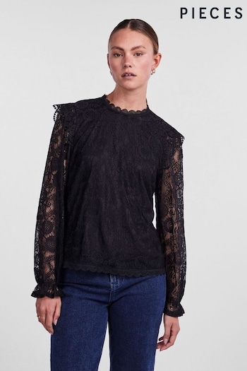 PIECES Black Long Sleeve Lace Frill Blouse (745387) | £32