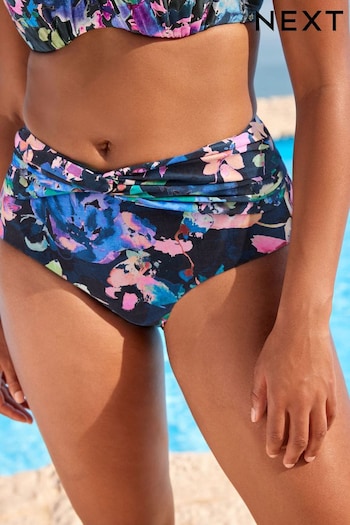 Navy Floral Ruched Side High Waist Bikini Bottoms (746248) | £18