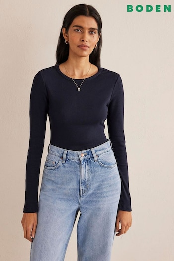 Boden Blue Cotton Ribbed Long Sleeve Top (748303) | £35