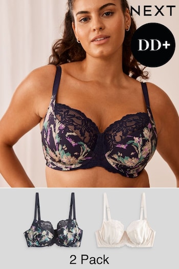 Navy Blue Floral Print/Cream DD+ Non Pad Wired Full Cup Microfibre and Lace Bras 2 Pack (748332) | £32