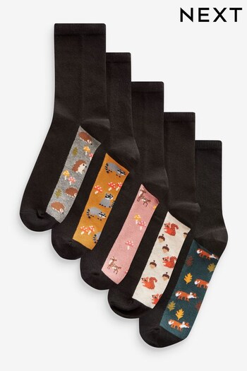 Winter Woodland Animals Black Footbed Ankle Socks 5 Pack (748486) | £12