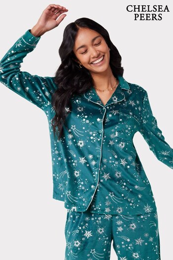 Chelsea Peers Green Velour Star Print Long Pyjama Set (748776) | £55