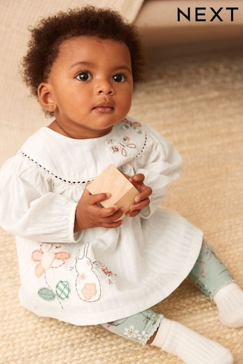 Ecru White Floral Bunny Baby Woven Blouse And Leggings 2 Piece Set (750086) | £18 - £20