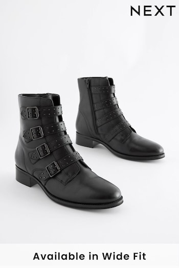 Black Regular/Wide Fit Forever Comfort® Stud Detail Buckle Biker Boots (750208) | £69