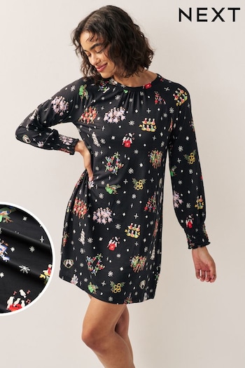 Black Graphic Long Sleeve Novelty Christmas Swing basic Dress (750520) | £25