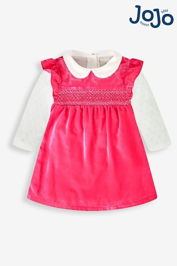 JoJo Maman Bébé Rose Pink Girls' 2-Piece Smocked Velvet Baby Dress & Body Set (750659) | £34