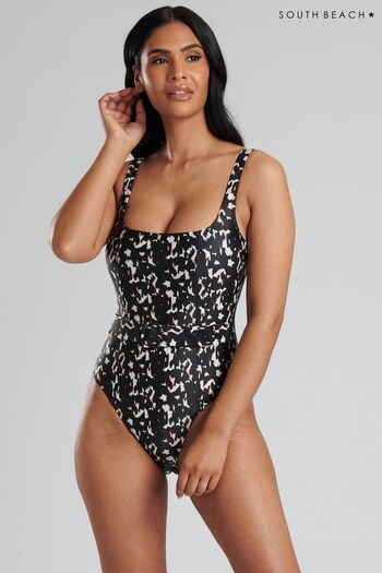 South Beach Black Animal Tummy Control  Swimsuit with Belt and Buckle (751031) | £35