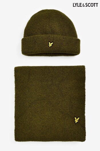 Lyle & Scott Olive Green	Chunky Beanie Hat and Scarf Set (751391) | £65