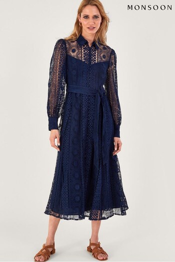 Monsoon Blue Gabriella Lace Shirt Dress (751485) | £150