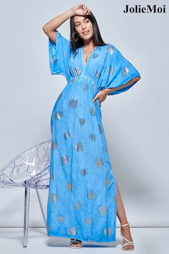 Jolie Moi Blue Printed Kimono Sleeve Holiday Maxi Dress (751886) | £69