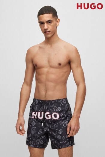 HUGO Recycled-Material Black Swim Shorts with Paisley and Logo Print (752167) | £79