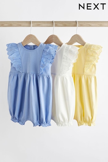 Blue/Yellow Broiderie embroidered Rompers 3 Pack (752434) | £16 - £20