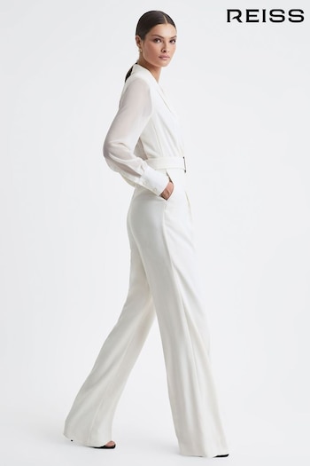 Reiss Ivory Flora Sheer Belted Double Breasted Jumpsuit (752820) | £238