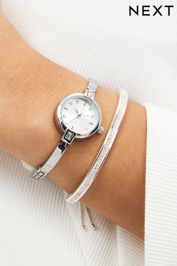 Silver Tone Sparkle Dial Watch And Bangle Set (753774) | £48