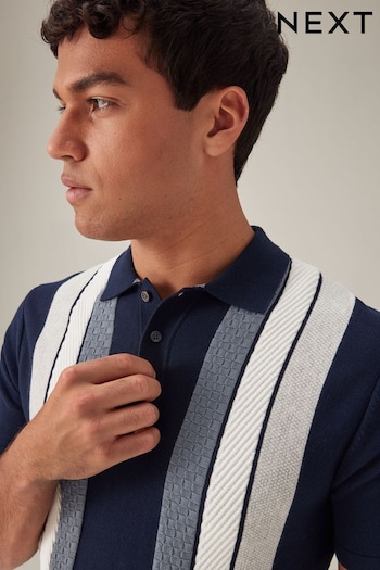 Navy Knitted Stripe Regular Fit Polo Gola Shirt (754206) | £30