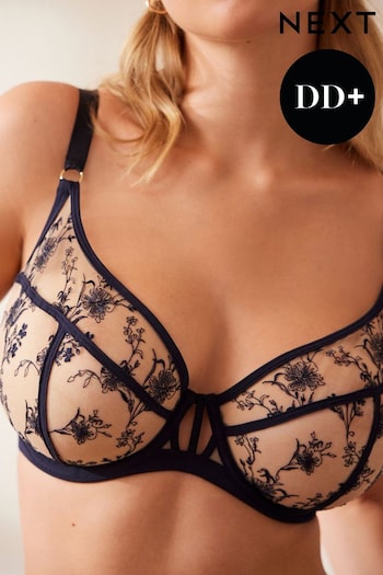 Navy Blue DD+ Non Pad Balcony Floral Embroidered Bra (754326) | £28