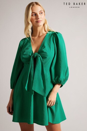 Ted Baker Green Jozelyn Tie Front Mini Dress With Balloon Sleeve (755044) | £165