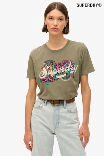 Superdry Dusty Olive Green 100% Cotton Tattoo Script Relaxed T-Shirt (755188) | £30