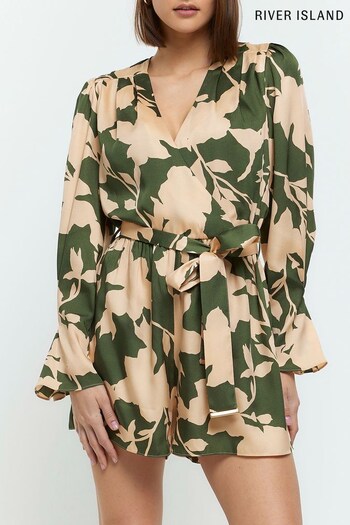 River Island Green Long Sleeve Belted Playsuit (755363) | £52