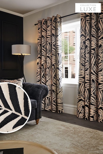 Black/Gold Collection Luxe Velvet Leaf Eyelet Lined Curtains (755382) | £175 - £350