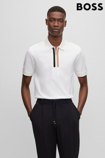 BOSS White Knit Stripe Placket Zip Neck Polo panelled Shirt (755841) | £99