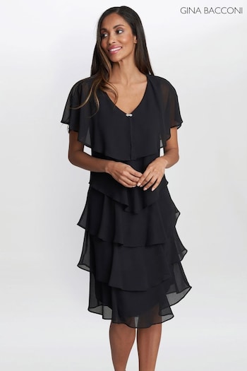 Gina Bacconi Lona Georgette Tiers Short Capelet Black Dress (756061) | £220