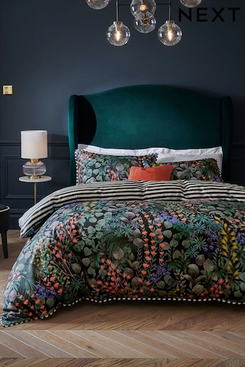 Black/Green Reversible Floral 200TC 100% Cotton Sateen Duvet Cover and Pillowcase Set (756095) | £45 - £75