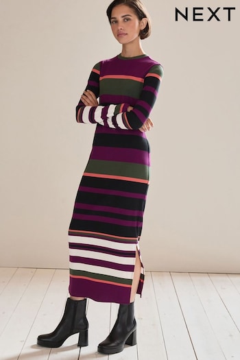 Purple Stripe Long Sleeve Ribbed Midi Dress (756186) | £45