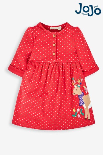 JoJo Maman Bébé Red Girls' Reindeer Appliqué Button Front Dress (756756) | £24.50