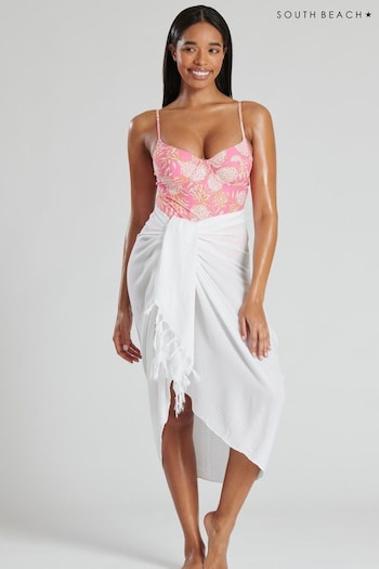 South Beach White Crinkle Viscose Fringed Sarong Cover-Up (756988) | £22