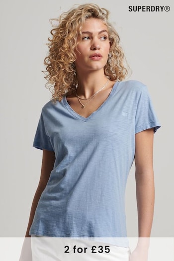 Superdry Blue Slub Embroidered V-Neck T-Shirt (757402) | £20