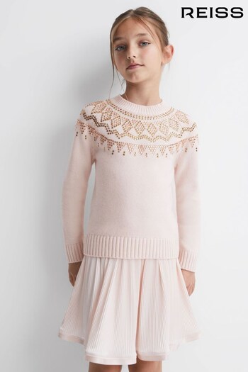 Reiss Soft Pink Bella Junior Wool Blend Embellished Crew Neck Jumper (757904) | £50