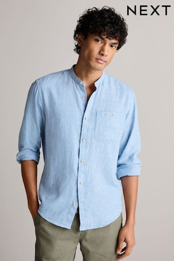 Blue Grandad Collar Linen Blend Long Sleeve Shirt (758355) | £30