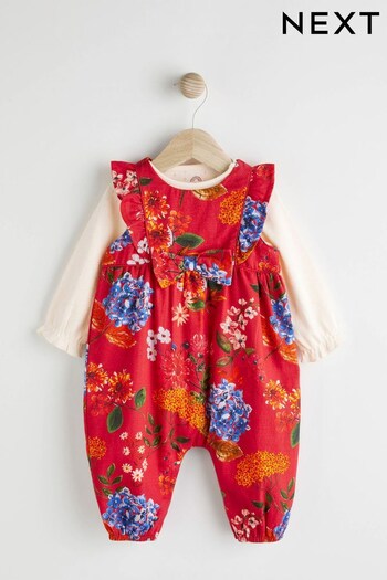 Red Floral Baby Woven Dungarees and Bodysuit Set (0mths-2yrs) (758384) | £22 - £24