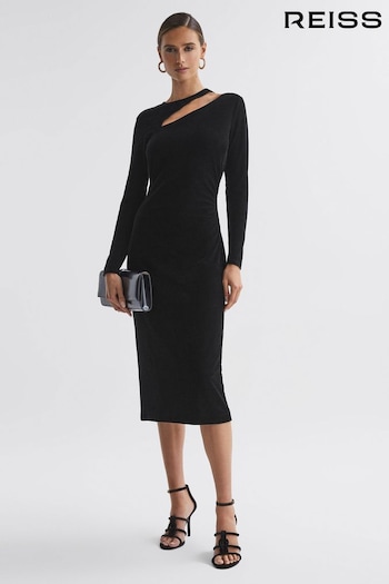 Reiss Black Macey Velvet Cut-Out Midi print Dress (759172) | £148