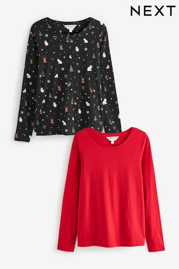 Red/Christmas Print Long Sleeve Christmas Crew Neck Top 2 Pack (759402) | £19