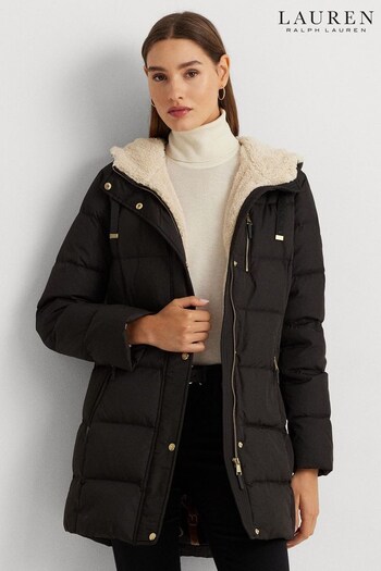Lauren Ralph Lauren Black Faux-Fur-Trim Hooded Down Puffer Coat (759588) | £299