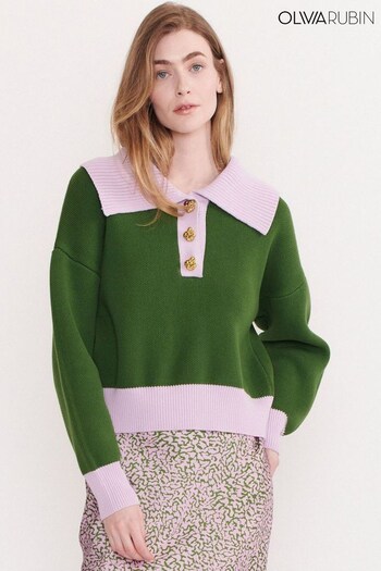 Olivia Rubin Green Rosie Half Button Knitted Jumper with Oversized Ribbed Collar (759804) | £210