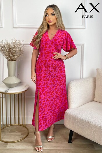 AX Paris Pink Floral Printed V-Neck Short Sleeve Midi Dress (759838) | £50
