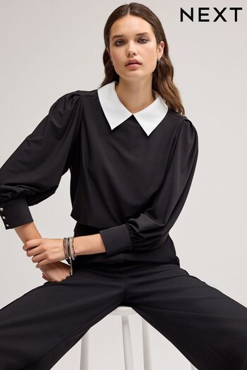 Black Long Sleeve Contrast Collar Top (760332) | £38