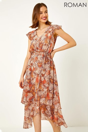 Roman Brown Snake Print Tiered Midi Dress (760560) | £65